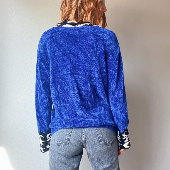 Vintage Co & Eddy Blue Chenille Button Up Cardigan w/ Star Moon Print Trim - Picture 6 of 8